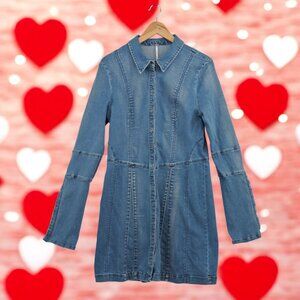 Free People 🩵 Thea Denim Mini Dress 💙 Blue Snap Front Long Sleeve M